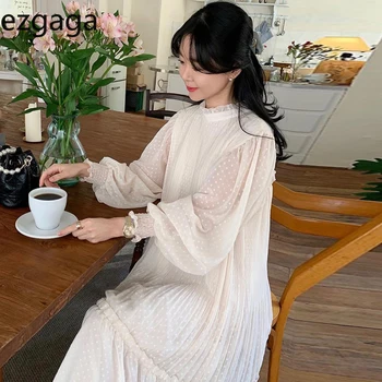 Женское платье в горошек Ezgaga, корейский шик, весенний Сладкий Элегантный Воротник-стойка, свободные прозрачные платья-фонарики с рюшами и длинным рукавом