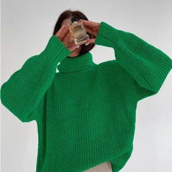 Зеленые женские свитера с высоким воротом, вязаные женские зимние свитера оверсайз, Новые модные однотонные дизайнерские женские пуловеры с длинным рукавом