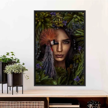 Зеленые растения, Цветок, птица, женское лицо, холст с рамкой, Настенная живопись, сюрреалистические персонажи, плакаты с природой и принты