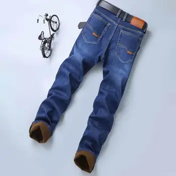 Зимние джинсы, свободные однотонные теплые мужские зимние брюки со средней талией, джинсы для работы