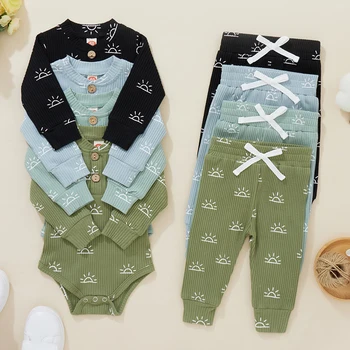 Зимняя одежда для новорожденных мальчиков и девочек, Хлопчатобумажные трикотажные боди с длинными рукавами и принтом Солнца в рубчик, повседневные брюки, одежда для малышей
