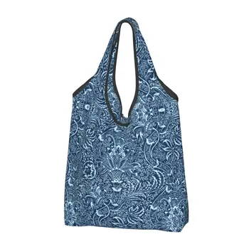 Изготовленная на заказ Индийская Хозяйственная Сумка William Morris Женская Портативная Большая Вместительная Продуктовая сумка Темно-синего цвета Индиго Tote Shopper Bag