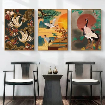 Картина на холсте в китайском стиле с белым журавлем Винтажные плакаты и принты с птицами Настенные художественные картины для гостиной Украшения дома