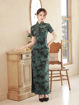 Китайский стиль, зеленый принт, воротник-стойка, Ципао, классический Женский Атласный Восточный Чонсам с коротким рукавом и высоким разрезом