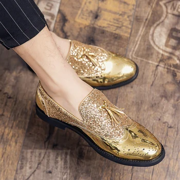 Классическая мужская обувь, деловые туфли на плоской подошве, мужские дизайнерские вечерние кожаные туфли, Золотые мужские лоферы, обувь для вечеринок, Большой размер 48