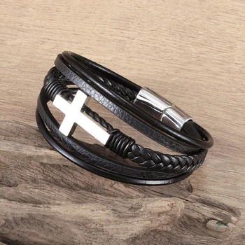 Классический нежный мужской браслет-крест из многослойной плетеной кожи ручной работы, христианские браслеты ручной работы, ювелирный аксессуар в подарок