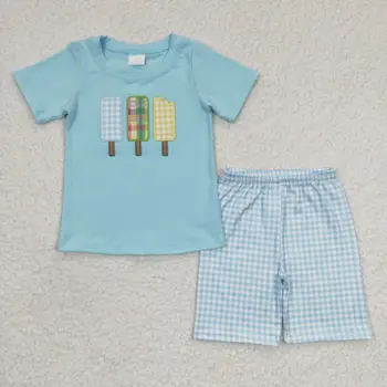 Комплекты летних повседневных шорт для маленьких мальчиков, Синие топы с вышивкой эскимо + Шорты в клетку, 2 предмета, Костюмы для мальчиков, комплекты Outifits