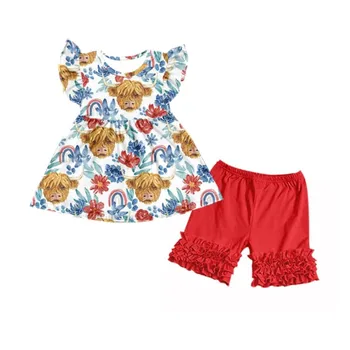 Комплекты одежды для маленьких девочек, 2 шт., туника с цветочным принтом из коровьего скота и штаны с двойными рюшами, летняя повседневная одежда