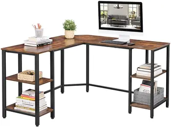 Компьютерный стол L-образной формы, Угловой письменный стол с местом для хранения, 4 Полки, Просторная столешница, для домашнего офиса, Индустриальный Стиль, Рустикально-коричневый