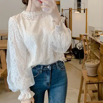 Корейская версия Женской шифоновой рубашки с длинными рукавами, воротник-стойка, рукав-пузырек, кружевная сетка, милая и свежая девушка для поездок на работу