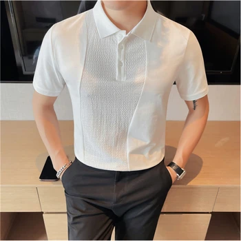 Корейская летняя Мужская рубашка поло с разрезом, модные футболки с коротким рукавом и тонким отворотом, Повседневное Деловое ПОЛО, уличная одежда для мужчин, одежда