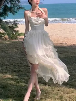 Корейское элегантное пляжное белое платье неправильной формы 2023, летнее женское платье Y2k Even Party, цельное Женское платье без рукавов