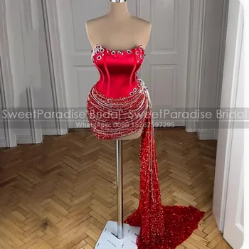 Короткие коктейльные платья с блестящими кисточками и асимметричными красными блестками в виде русалки, женское мини-платье для вечеринки, вечернее платье.