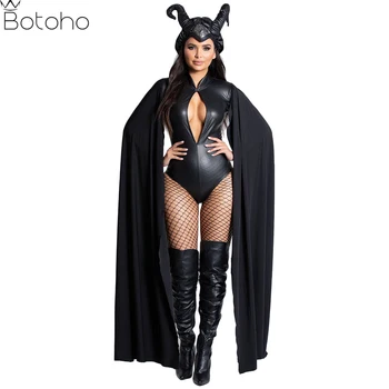 Косплей-костюм ведьмы-дьявола на Хэллоуин Для женщин, взрослых, черное сексуальное кожаное боди, головной убор с рогами, комплект одежды для карнавальной вечеринки