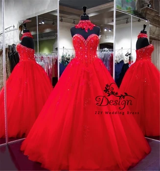Красное Пышное платье 2021, вырез в виде Сердца, Кристаллы, бусины, Корсет, Кружевное платье Принцессы для вечеринок, Милое платье 16, Vestidos De 15 Años
