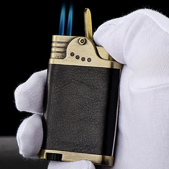Креативная металлическая кожаная Ветрозащитная газовая зажигалка с прямым пламенем, зажигалки для сигарет, мужские гаджеты для курения