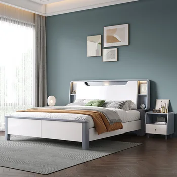 Кровать из массива дерева в скандинавском стиле, современная простая, 1,8 м, светлая, роскошная двуспальная кровать в главной спальне, 1,5 м, белая кровать для хранения с высоким ящиком