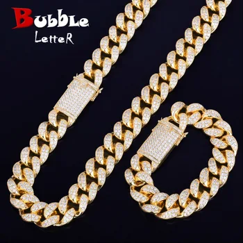 Кубинская цепочка Ожерелье Браслет ювелирный набор золотого цвета CZ Мужская одежда в стиле хип-хоп-рок