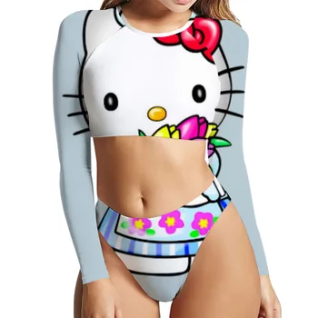 Купальник с цифровой печатью Hello Kitty 2023, женское летнее бикини с разрезом, купальник из двух частей, комплект бикини для молодых девушек