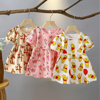 Летнее платье для маленьких девочек с рисунком Диснея, милая юбка с короткими рукавами для малышей, Модные Повседневные хлопковые детские костюмы, детские платья