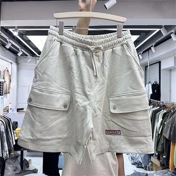 Летние винтажные однотонные шорты с несколькими карманами, мужские Женские шорты с эластичным поясом на шнурке