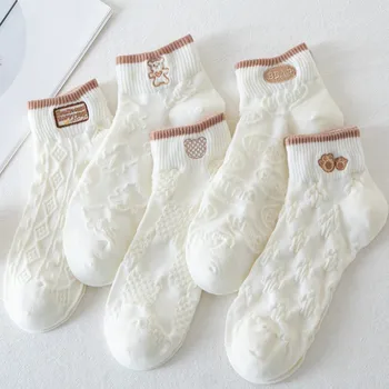 Летние женские носки Японские милые однотонные хлопчатобумажные носки-лодочки с мультяшной вышивкой Ins Повседневные невидимые нескользящие женские носки