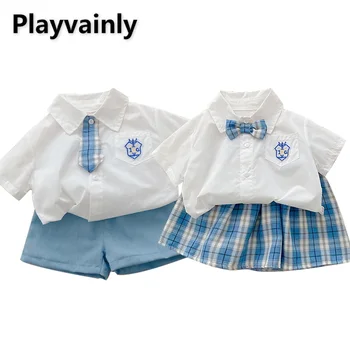 Летние комплекты для семьи, синий галстук-бабочка, короткие рукава, Белые рубашки + Клетчатая юбка + синие шорты, Одежда для сестры, брата, близнецов E071