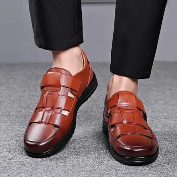 Летние мужские сандалии, дышащие сандалии из искусственной кожи, нескользящие туфли на плоской подошве, Мягкая подошва, обувь ручной работы, мужская обувь с дизайном Tide