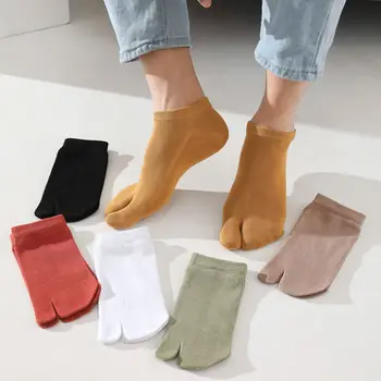 Летние носки Таби из чесаного хлопка, однотонные удобные дышащие носки с двумя носками, женские мужские нескользящие невидимые носки-лодочки с глубоким вырезом