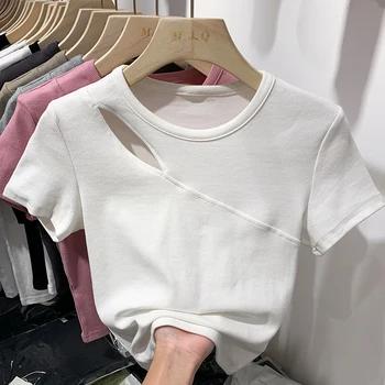 Летние однотонные женские трикотажные футболки с вырезами 2023, Новые повседневные рубашки с круглым вырезом, модные нижние Корейские базовые топы для женщин.