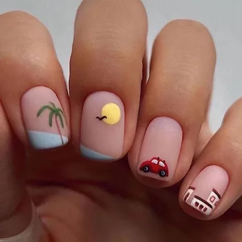 Летние пляжные короткие квадратные накладные ногти Наденьте на кончики искусственных ногтей Матовые накладные ногти с милыми цветными иллюстрациями