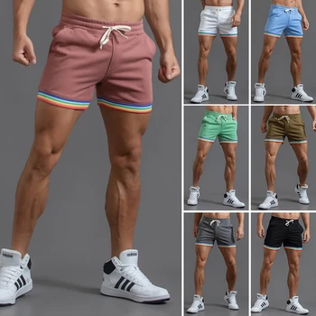 Летние шорты для бега, Мужские хлопковые повседневные спортивные шорты для бега трусцой с радужным принтом, Модные мужские короткие брюки