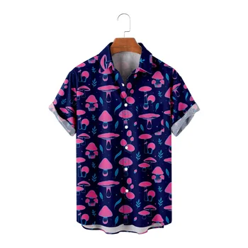 Летняя блузка с коротким рукавом, пляжные рубашки, мужская модная рубашка с гавайским грибным принтом, уличная одежда