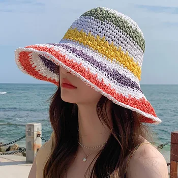Летняя мода Радуга лоскутное с широкими полями, соломенная шляпа для женщин элегантный складной богемные пляжные шляпы солнцезащитный козырек Рыбак шапки