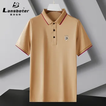 Летняя мужская футболка цвета хаки с короткими рукавами, молодежный деловой повседневный топ с лацканами, рубашка поло с вышивкой из мерсеризованного хлопка с короткими рукавами