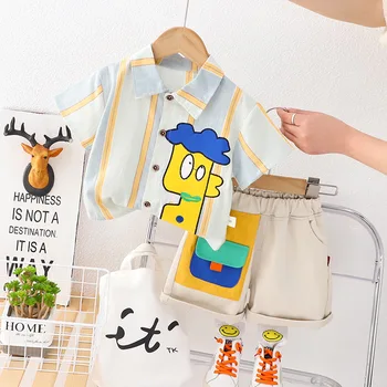 Летняя одежда в корейском стиле 2023, Мультяшные полосатые рубашки с отложным воротником и шорты с коротким рукавом, комплекты одежды для мальчиков 2ШТ.