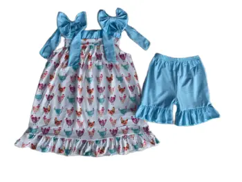 Летняя одежда для кур в бутике для маленьких девочек, Комплекты для девочек с коротким рукавом и цветочным рисунком, Оптовая продажа детской модной одежды с курицей для малышей