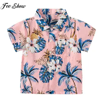 Летняя повседневная рубашка для мальчиков с коротким рукавом и отложным воротником, топы с принтом в тропическом гавайском стиле, повседневная одежда для отдыха на море.