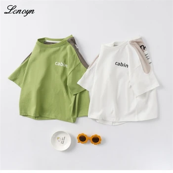 Летняя футболка Lenoyn, модная детская футболка с коротким рукавом, короткий рукав, дышащий топ из чистого хлопка для средних и маленьких детей