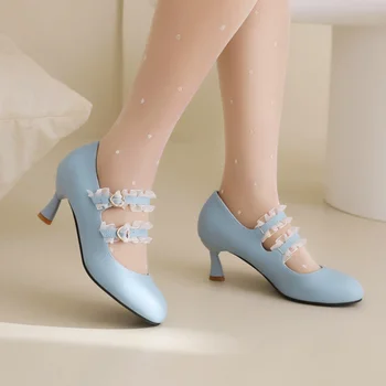 Милая Лолита, Голубая, розовая, Черная, белая, Женская обувь Mary Janes с двойной пряжкой, туфли на высоком каблуке 6 см, женские вечерние туфли-лодочки принцессы
