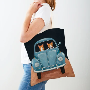 Милые женские сумки для покупок с котом в автомобиле, женская сумка для покупок, двусторонняя складная многоразовая холщовая сумка-тоут с мультяшным животным на плечо