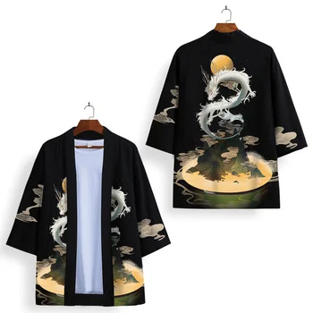 Мода Черный Дракон Принт Юката Мужчины Женщины Кардиган Свободная Блузка Хаори Оби Азиатская Одежда Японский Косплей Харадзюку Кимоно