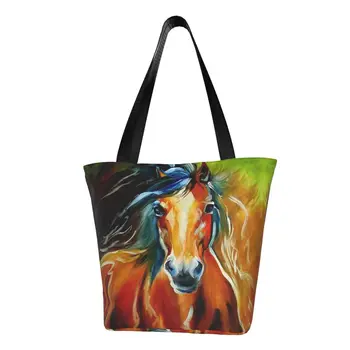 Модная Абстрактная Лошадь с акварельным рисунком Тотализатор Хозяйственные сумки из переработанного холста Сумка для животных на плечо покупателя