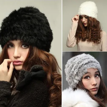 Модная вязаная шапка из кроличьего меха русской леди, женская зимняя теплая шапка-бини E0BC