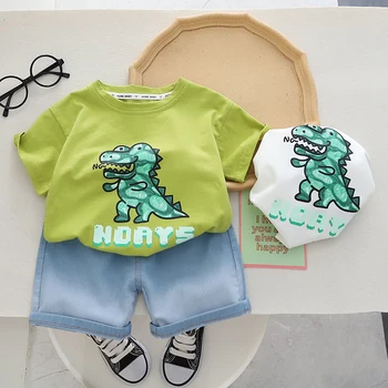 Модная детская одежда Для маленьких мальчиков и девочек, летняя футболка с динозавром из мультфильма, шорты, 2 шт. / компл., детская повседневная одежда, спортивные костюмы 0-5