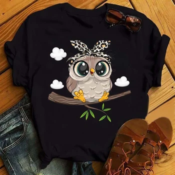Модная женская футболка с милым животным принтом, футболки с коротким рукавом, Повседневные топы с круглым вырезом и рисунком Совы, женская рубашка, блузка Kawaii для девочек