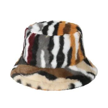 Модная панама с зимним полосатым принтом из искусственного меха, пушистые шляпы-ведра, Женская уличная теплая шляпа от солнца, Мягкая Рыбацкая кепка для девочек