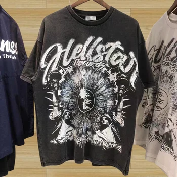 Модная уличная винтажная футболка Hellstar с принтом старого алфавита, мужская женская футболка с коротким рукавом HELLSTAR, реальные фотографии