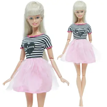Модное кукольное платье BJDBUS, 2 шт./компл., 1x Блузка в полоску, футболка + 1x мини-кружевное платье, юбка, одежда для куклы Барби, аксессуары, игрушки
