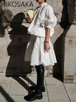 Модное Простое Милое Пышное платье с коротким рукавом и воротником-стойкой в стиле пэчворк, Свободный Однотонный халат, Японское повседневное платье 2023, Весна-лето